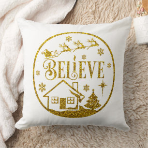 White & Gold Glitter Believe Christmas Decorative Throw Pillow