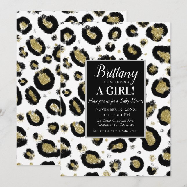 White Gold Glitter & Black Leopard Baby Shower Invitation (Front/Back)
