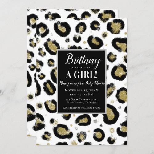 White Gold Glitter  Black Leopard Baby Shower Invitation