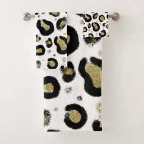 White Gold Glitter & Black Leopard Cheetah Print Bath Towel Set