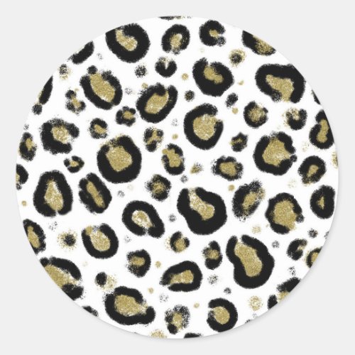 White Gold Glitter  Black Leopard Cheetah Print Classic Round Sticker
