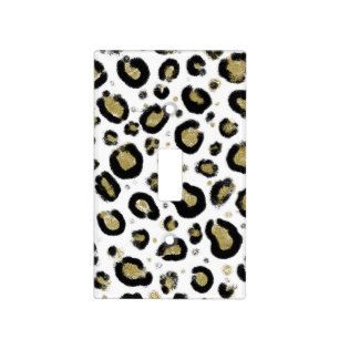 White Gold Glitter & Black Leopard Cheetah Print Light Switch Cover