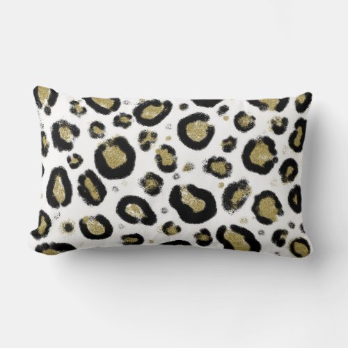 White Gold Glitter  Black Leopard Cheetah Print Lumbar Pillow