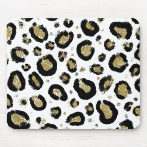 White Gold Glitter  Black Leopard Cheetah Print Mouse Pad