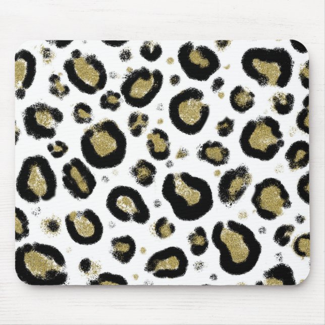 White Gold Glitter & Black Leopard Cheetah Print Mouse Pad (Front)