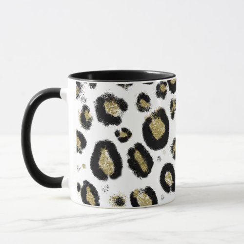 White Gold Glitter  Black Leopard Cheetah Print Mug