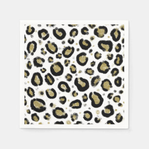 White Gold Glitter & Black Leopard Cheetah Print Napkins