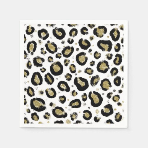 White Gold Glitter  Black Leopard Cheetah Print Napkins