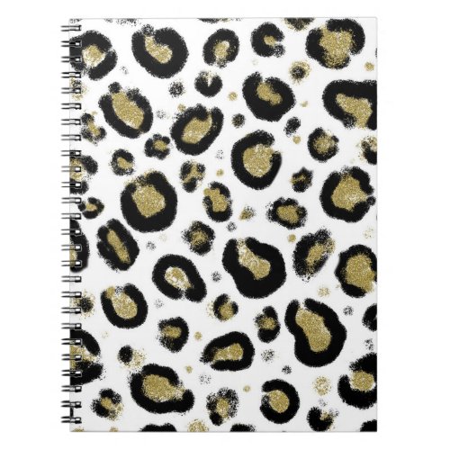 White Gold Glitter  Black Leopard Cheetah Print Notebook