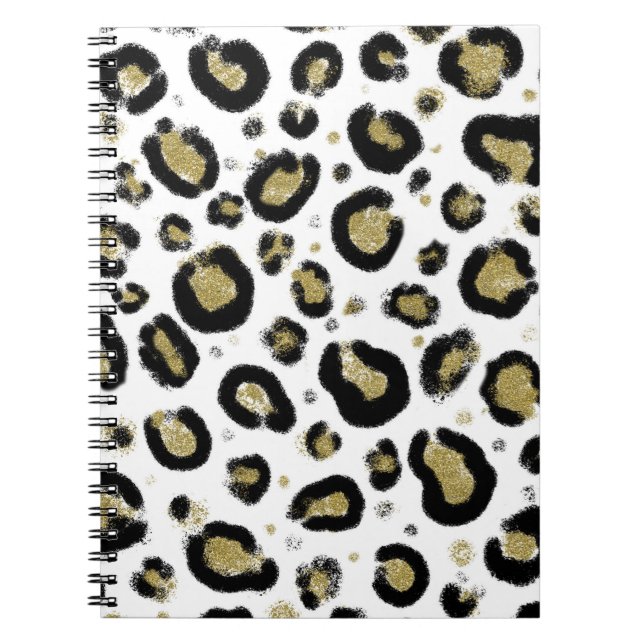 White Gold Glitter & Black Leopard Cheetah Print Notebook (Front)