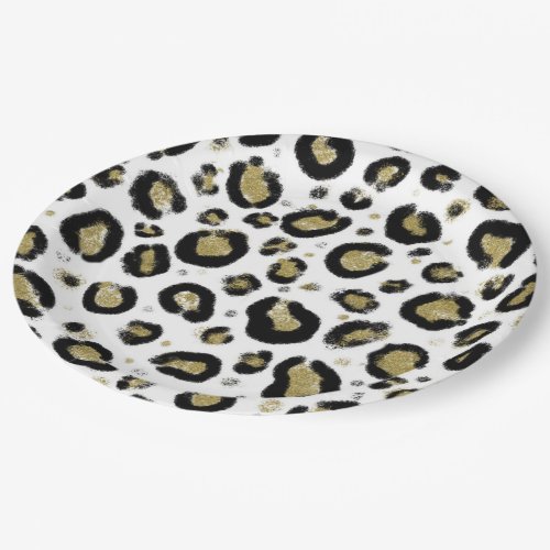 White Gold Glitter  Black Leopard Cheetah Print Paper Plates