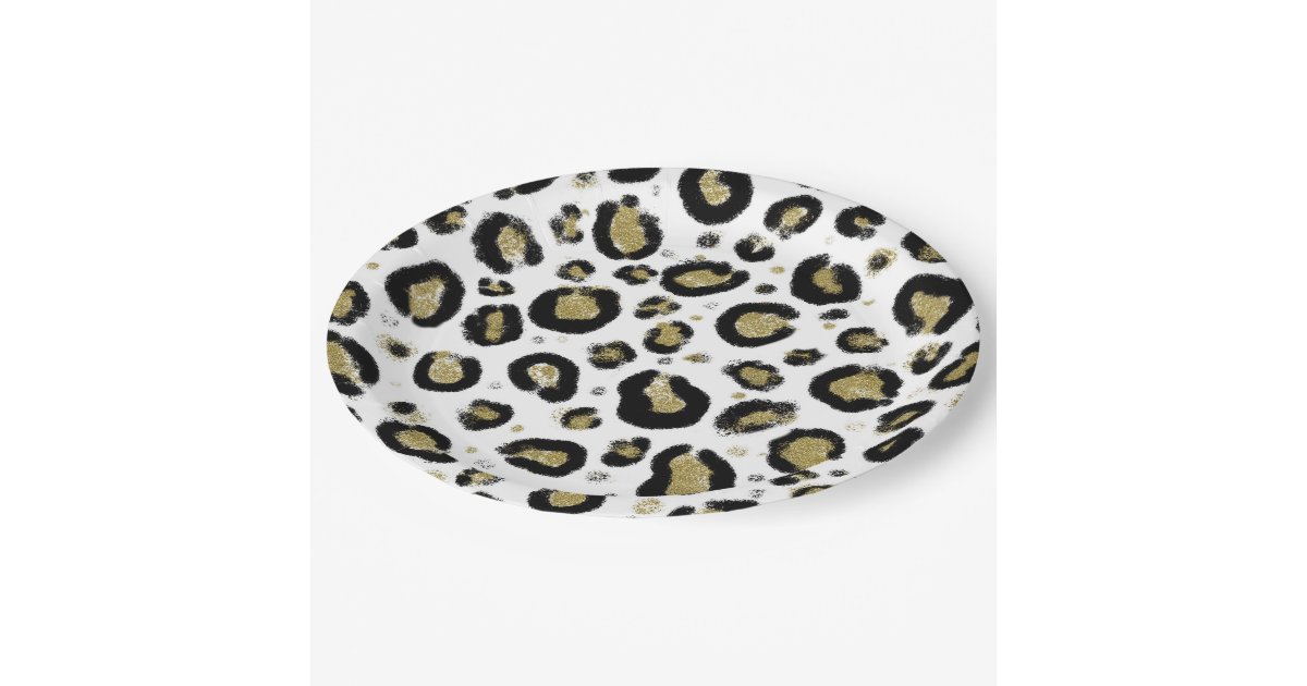 White Gold Glitter & Black Leopard Cheetah Print Paper Plates | Zazzle