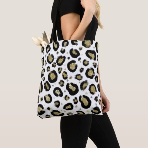 White Gold Glitter  Black Leopard Cheetah Print Tote Bag