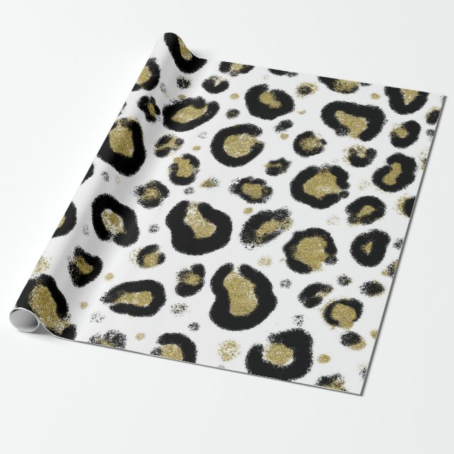 White Gold Glitter & Black Leopard Cheetah Print Wrapping Paper (Unrolled)
