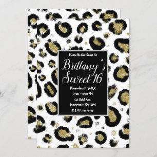 White Gold Glitter & Black Leopard Sweet 16 Party Invitation
