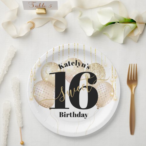 White Gold Glitter Bold Sweet 16 Birthday Balloons Paper Plates