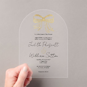 White gold glitter bow ribbon simple Wedding Acrylic Invitations