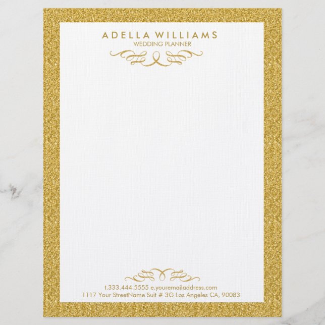 White & Gold Glitter Calligraphic Swirls Frame Letterhead (Front)