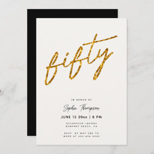White Gold Glitter Calligraphy Elegant 50 Birthday Invitation