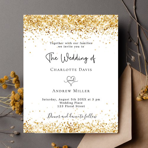 White gold glitter chic budget wedding invitation