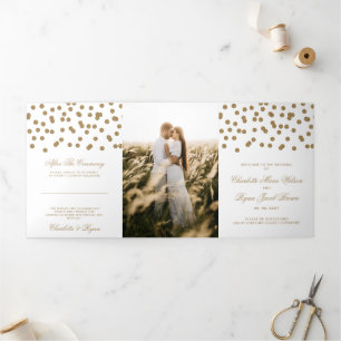 White Gold Glitter Confetti Photo Wedding Tri-Fold Program