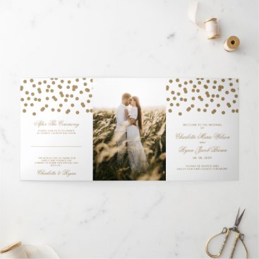 White Gold Glitter Confetti Photo Wedding  Tri-Fold Program