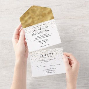 White Gold glitter confetti sparkle Wedding     All In One Invitation
