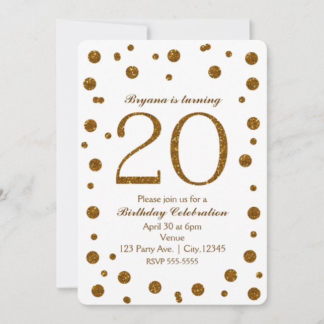 White & Gold Glitter Dots 20th 20 Birthday Party Invitation (Front)