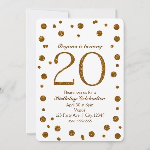 White  Gold Glitter Dots 20th 20 Birthday Party Invitation