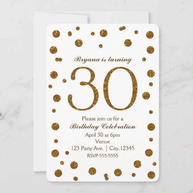 White & Gold Glitter Dots 30th 30 Birthday Party Invitation (Front)