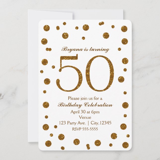 White & Gold Glitter Dots 50th 50 Birthday Party Invitation (Front)