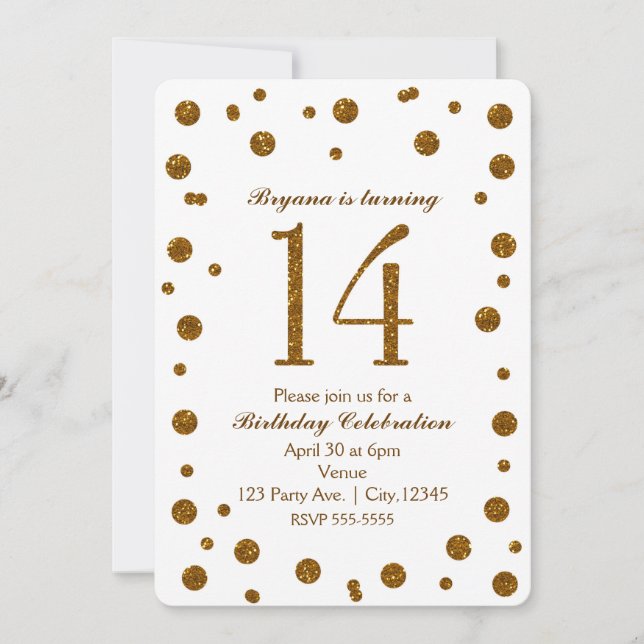 White & Gold Glitter Dots Sweet 14 Birthday Party Invitation (Front)