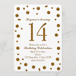 White & Gold Glitter Dots Sweet 14 Birthday Party Invitation