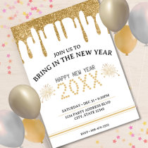 White & Gold Glitter Drip New Years Eve Party 2024 Invitation