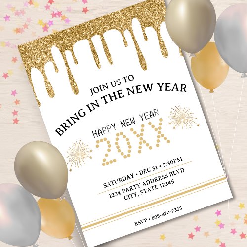 White  Gold Glitter Drip New Years Eve Party 2024 Invitation
