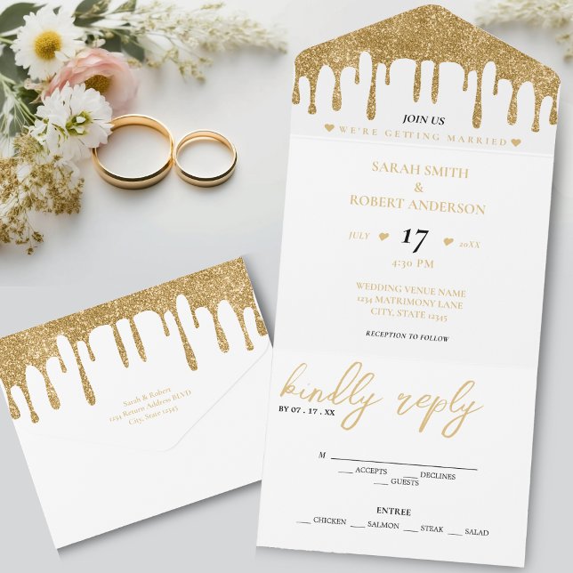 White & Gold Glitter Drip Wedding All In One Invitation (White & Gold Glitter Drip Wedding All In One Invitation)