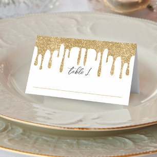 White & Gold Glitter Drip Wedding Reception Place Card