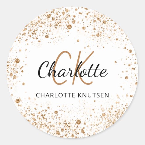 White gold glitter dust monogram initials name  classic round sticker