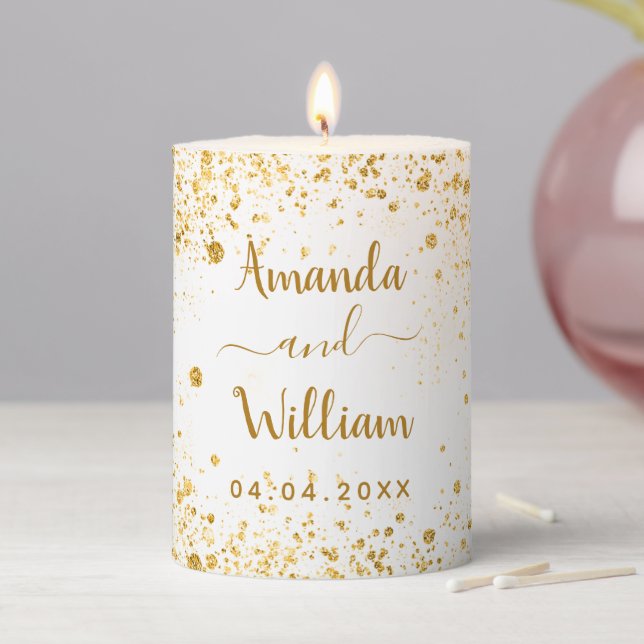 White gold glitter dust names wedding pillar candle (In Situ)