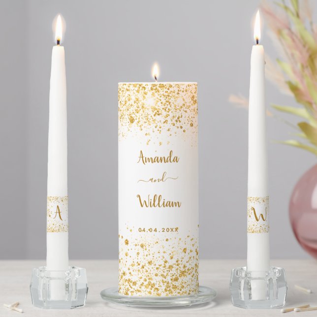 White gold glitter dust names wedding unity candle set (In Situ)