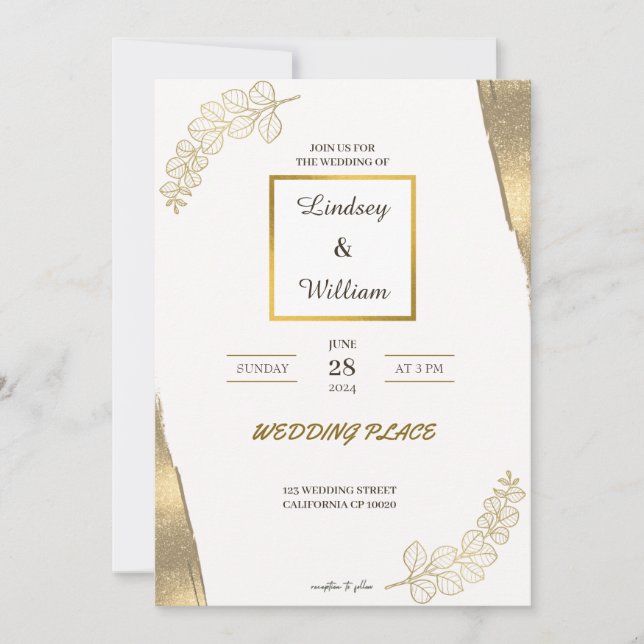 White gold glitter elegant wedding invitation (Front)