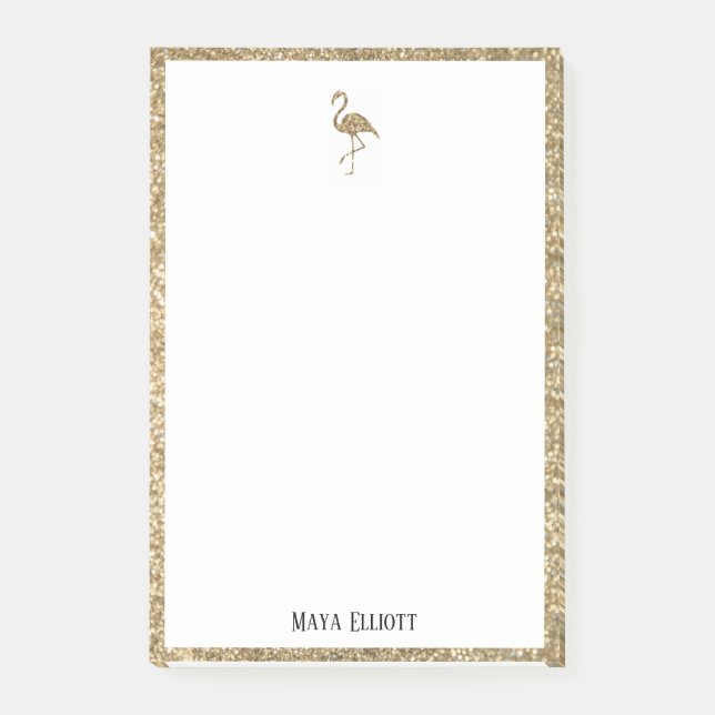 White + Gold Glitter Flamingo & Border w/ Name Post-it Notes (Front)