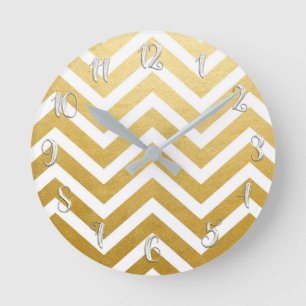 White & Gold Glitter Girly Glam Glamour Chevron Round Clock
