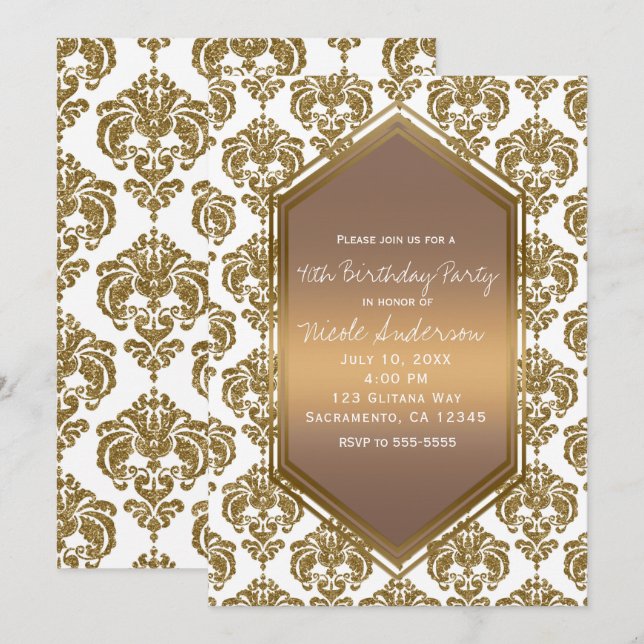 White Gold Glitter Glam Damask Print Party Invitation (Front/Back)
