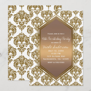 White Gold Glitter Glam Damask Print Party Invitation