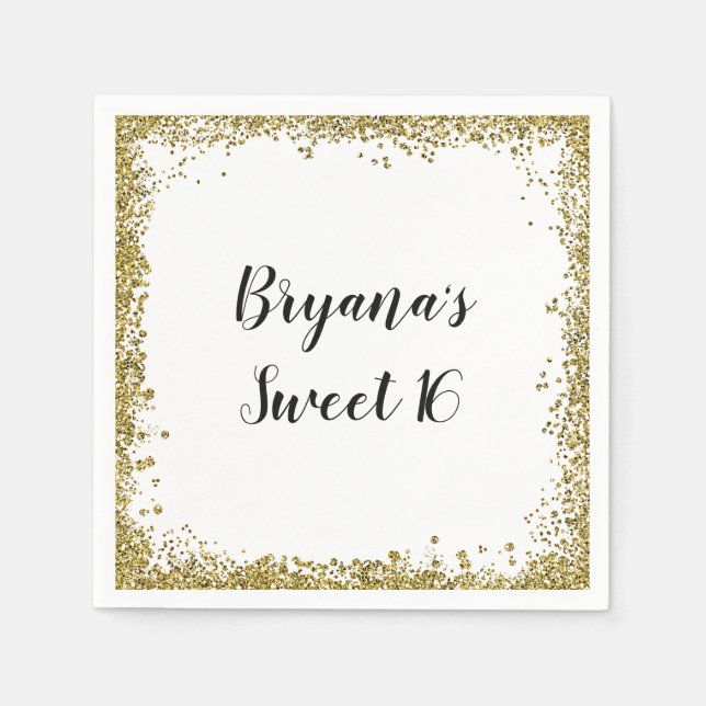 White Gold Glitter Glam Edge Sweet 16 Custom Party Napkins (Front)