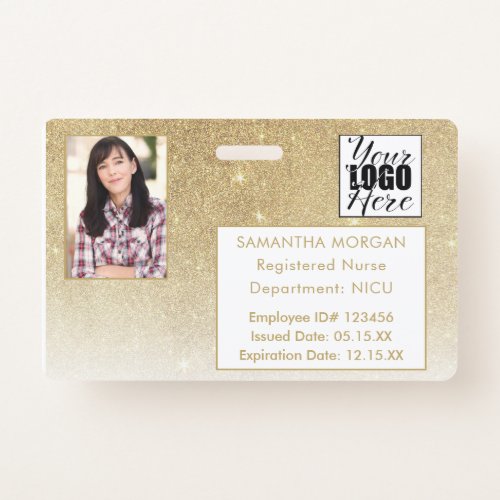 White Gold Glitter Gradient Photo Logo Employee ID Badge