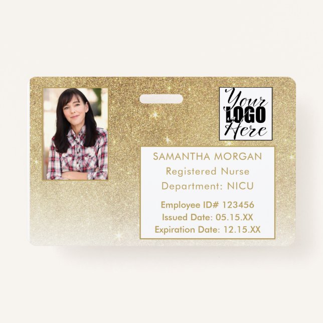 White Gold Glitter Gradient Photo Logo Employee ID Badge (Front)