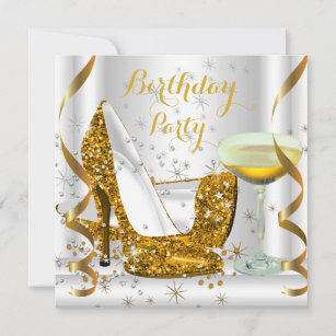 White Gold Glitter High Heels Champagne Birthday 4 Invitation