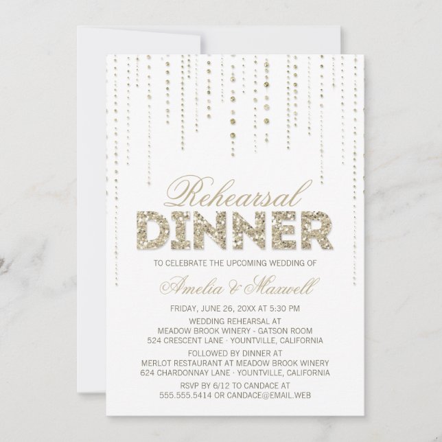 White & Gold Glitter Look Rehearsal Dinner Invite (Front)